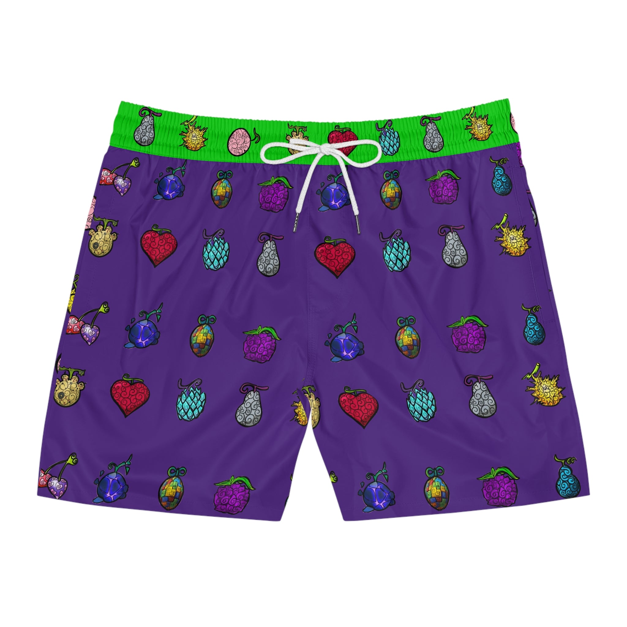 Purple swim shorts with colorful fruit pattern on a white background