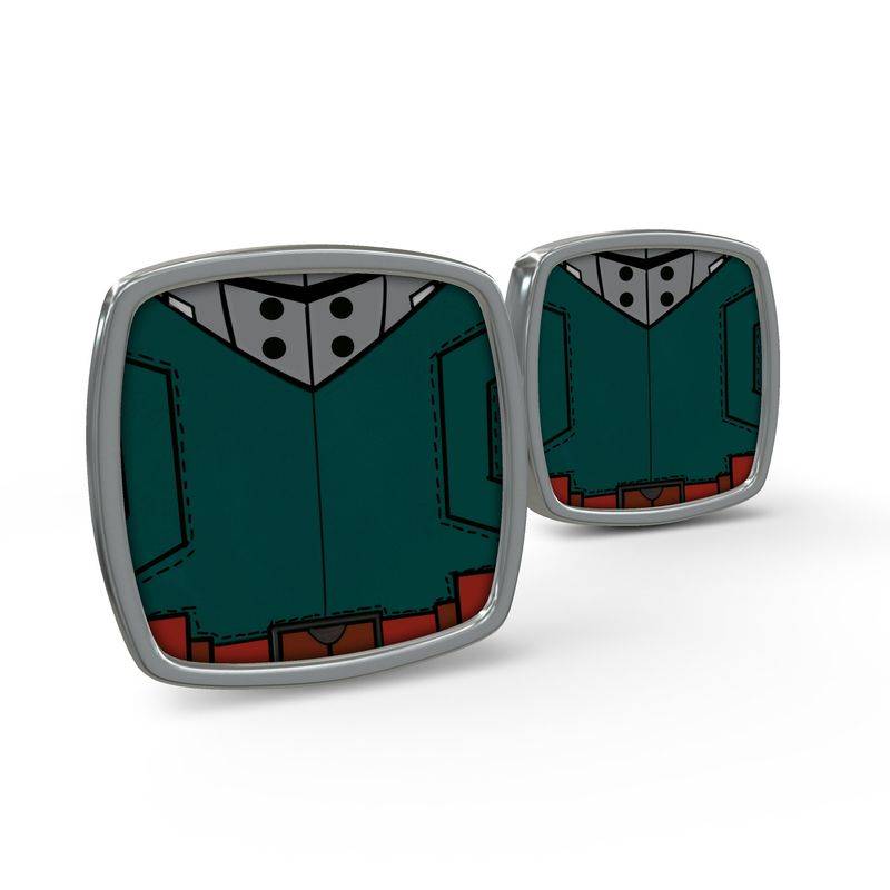 Close-up of handmade anime-inspired cufflinks custom made for formal and cosplay outfits.