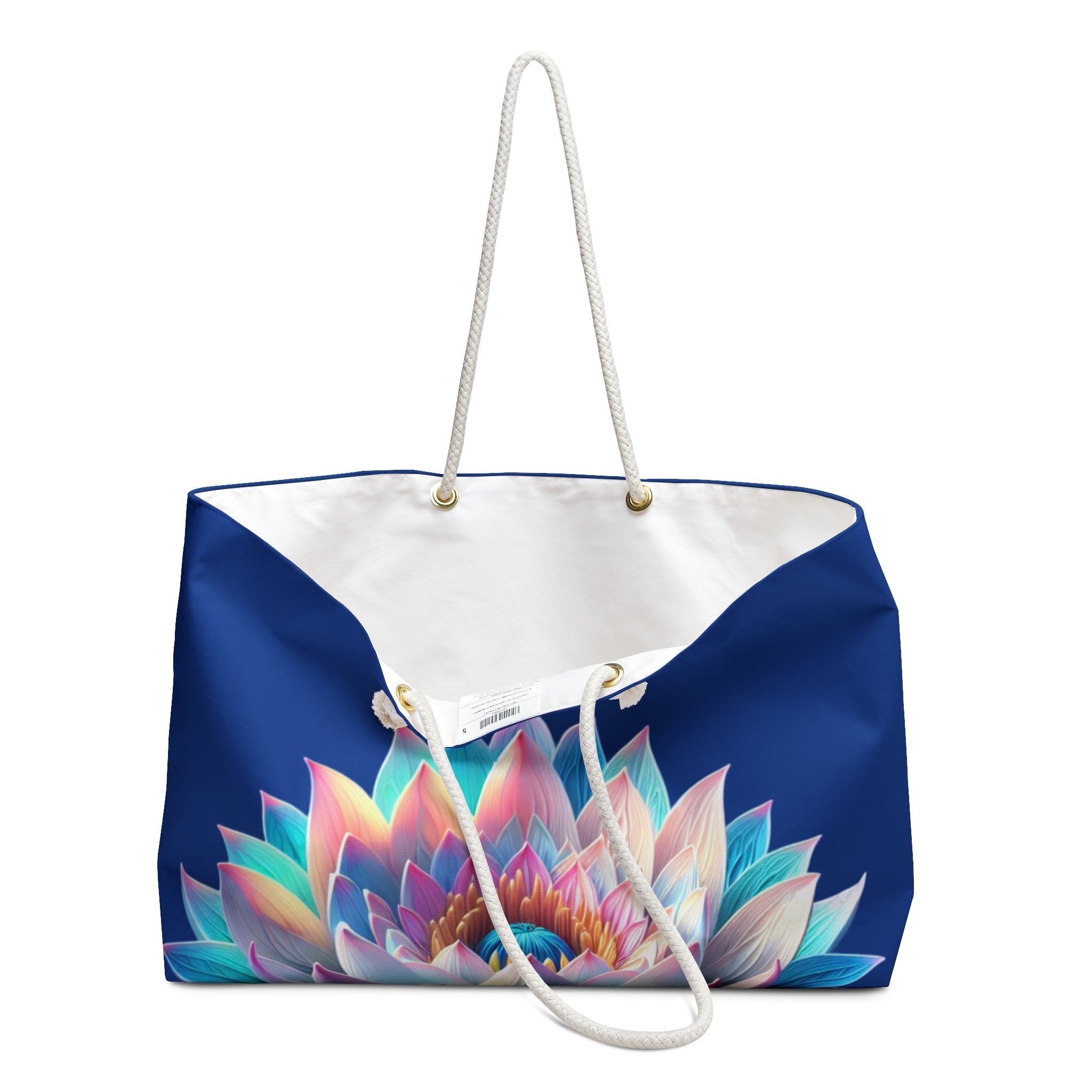 Tote Bag: Lotus Reflection Asymmetric Weekender Bag in Lake Blue - Perfect for Travel & Yoga Retreats