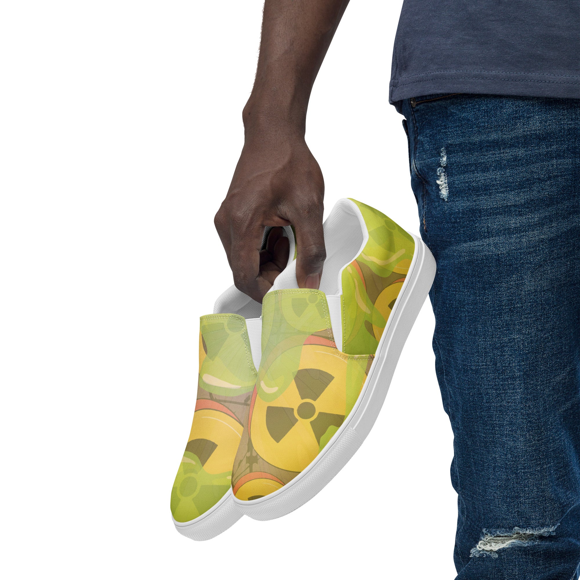Apocalyptic Nuclear Waste Slip-on Canvas Shoes with bold radioactive-inspired design, durable sole, and breathable canvas for streetwear style.