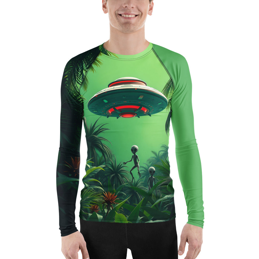 Men’s Alien Tropical Invasion Rash Guard – Colorful UV Protection Swim Shirt for Surfing, Swimming, and Beachwear