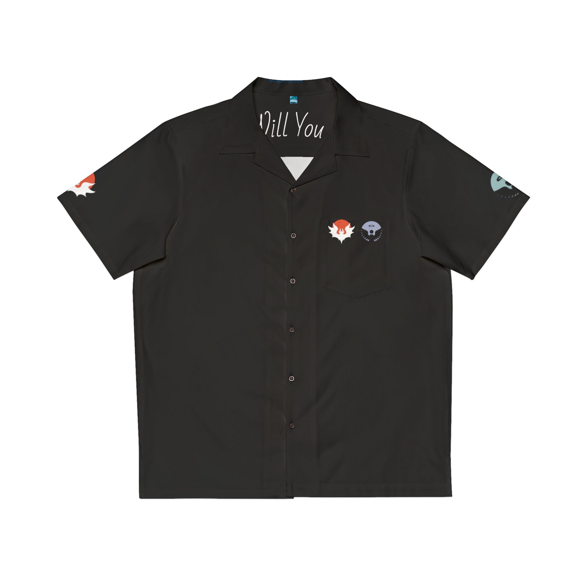 Black button-up shirt with embroidered designs on a white background