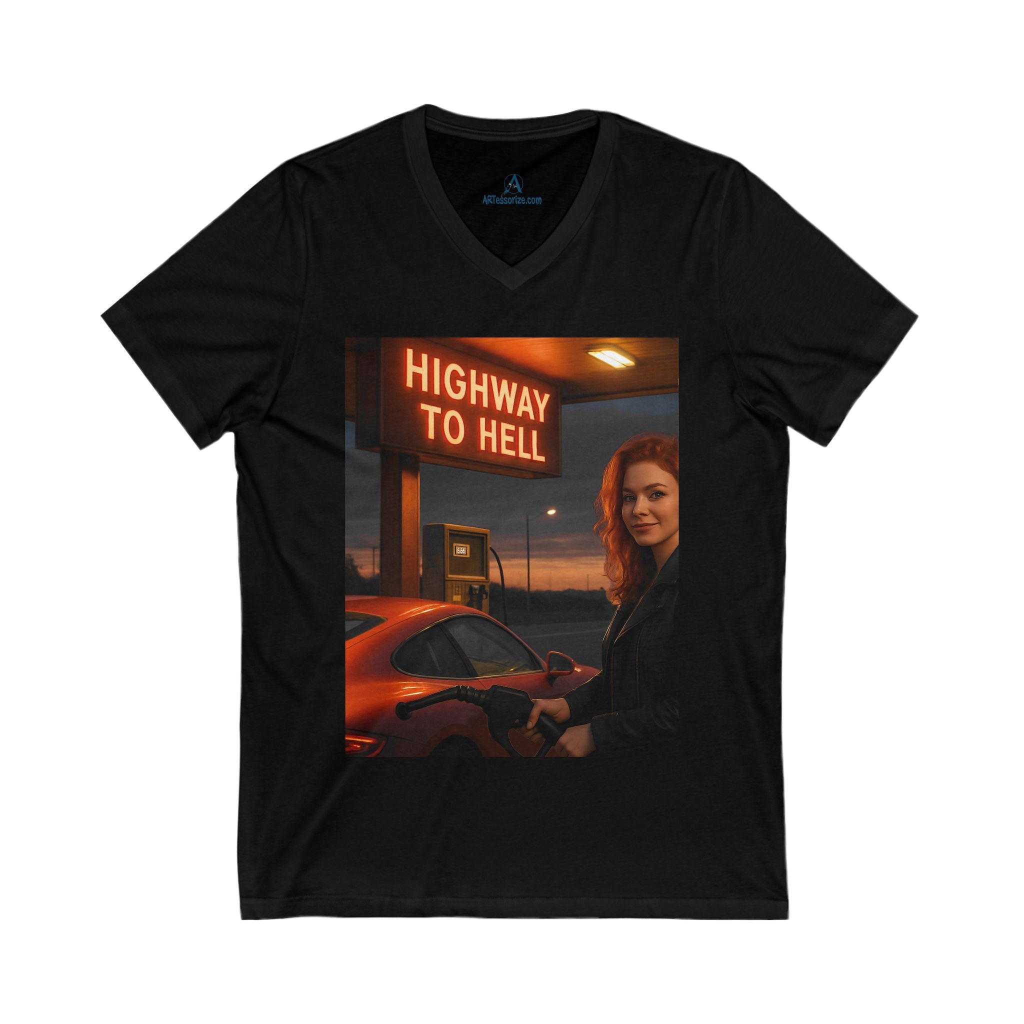 Black t-shirt with a graphic of a woman by a 'Highway to Hell' sign and a car.
