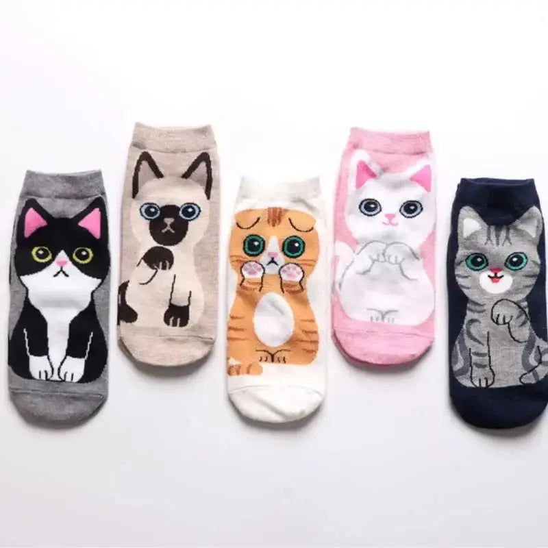 Cute Cat Ankle Socks set of 5 pairs with adorable cat designs – soft, breathable, and perfect for everyday wear