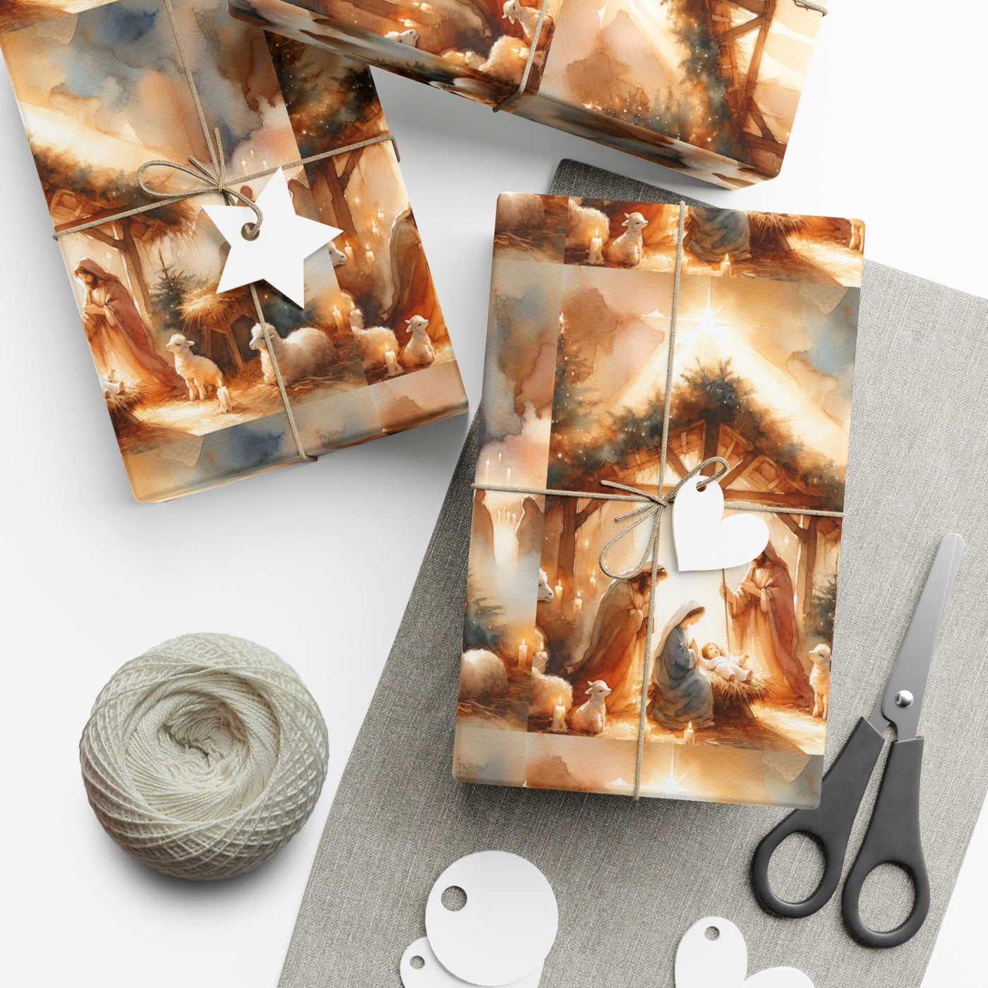Christmas gift wrap featuring an elegant Nativity scene with watercolor art.