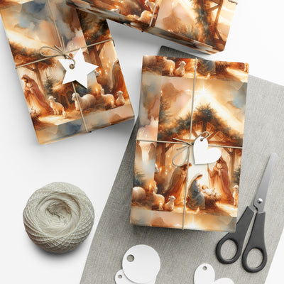 Christmas gift wrap featuring an elegant Nativity scene with watercolor art.