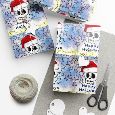 Gift wrap paper with a skull wearing a Santa hat and stars design.