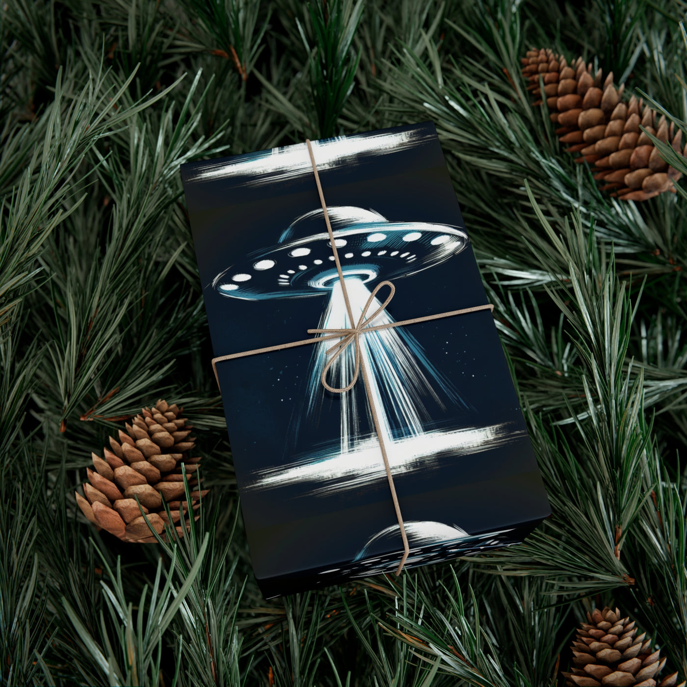 Wrapping paper with a UFO design, tied with twine, surrounded by pine needles and pinecones.
