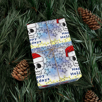 Gift wrap with a skull and star design on a pine branch background.