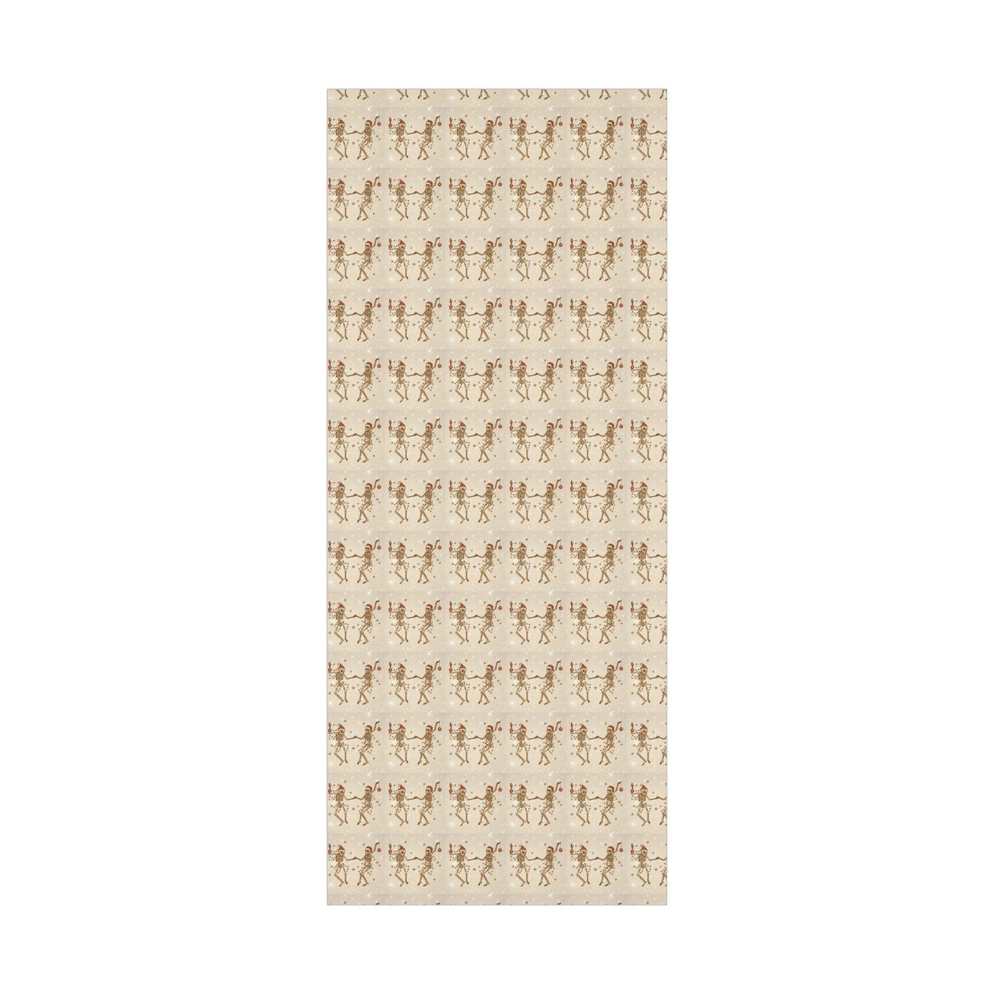 Gift wrap with a repeating pattern of dancing skeletons wearing Santa hats.