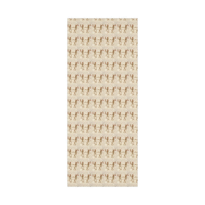 Gift wrap with a repeating pattern of dancing skeletons wearing Santa hats.