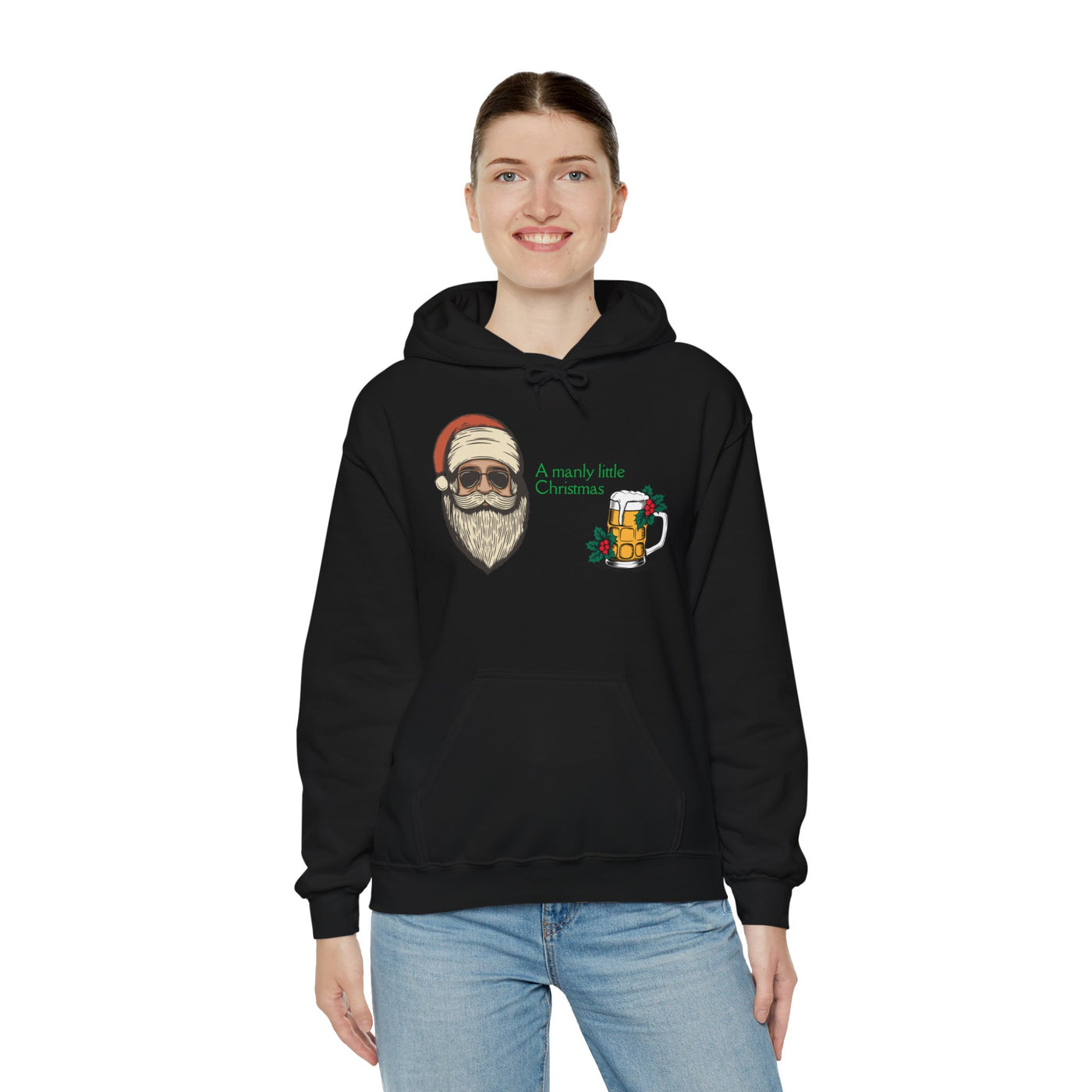 Black hoodie with a graphic of Santa's face, a beer mug, and text.