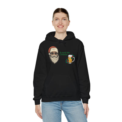 Black hoodie with a graphic of Santa's face, a beer mug, and text.