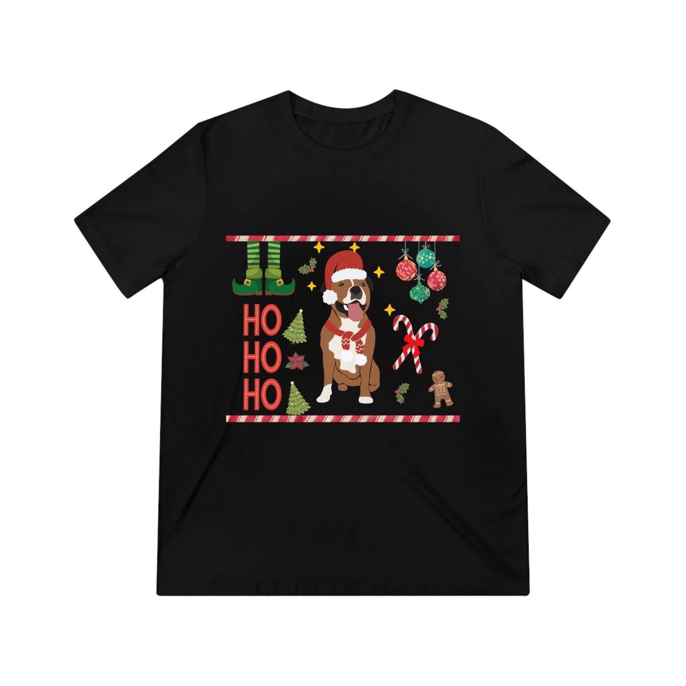Black t-shirt with a festive Christmas boxer dog design and "Ho Ho Ho" text.