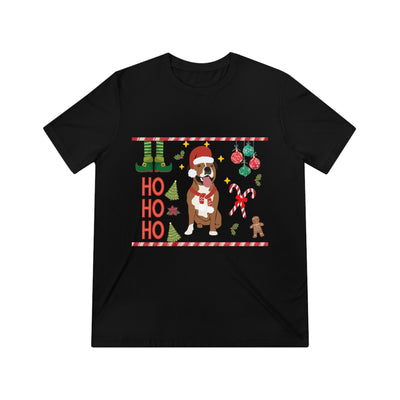 Black t-shirt with a festive Christmas boxer dog design and "Ho Ho Ho" text.