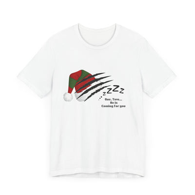 White t-shirt with a Nightmare on Elm Street holiday graphic.