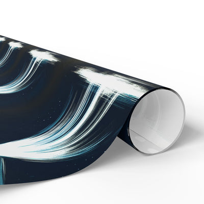 UFO-themed wrapping paper with abstract white and blue brush strokes on a dark background.