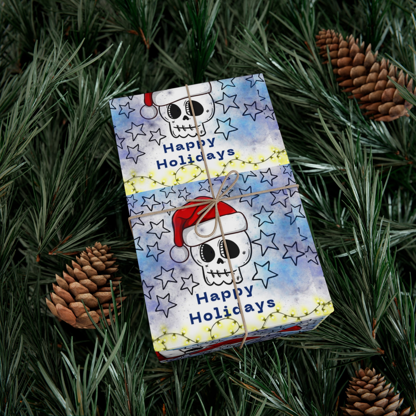 Gift wrap with a skull wearing a Santa hat and stars on a blue background.