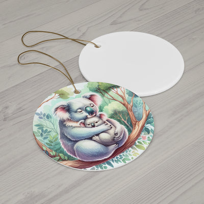 A round ceramic ornament with a watercolor painting of a mother koala hugging her baby.