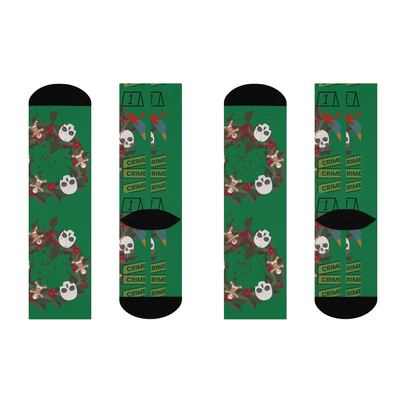 Green crew socks with a true crime wreath design featuring skulls and gingerbread men.