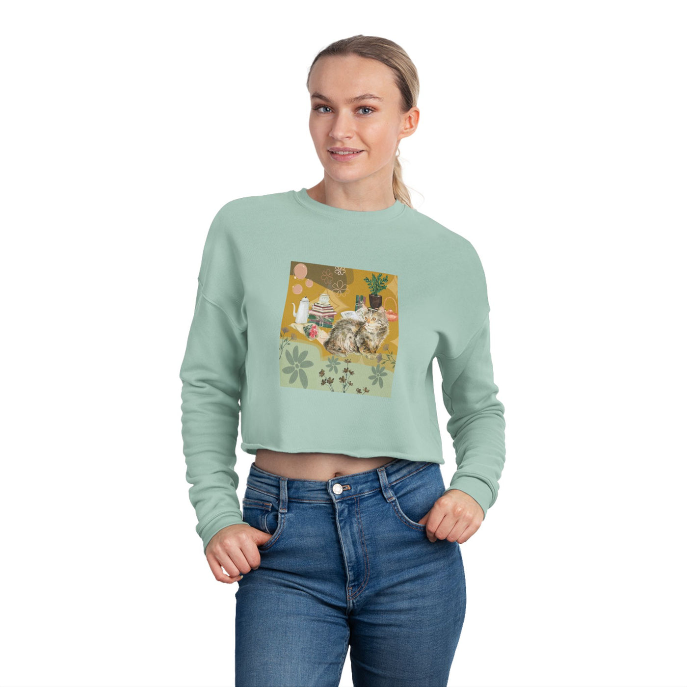 Sweatshirt: Autumn comforts with Kitties & Books - Cropped