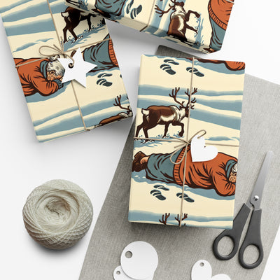 Wrapping paper with a vintage illustration of a person and reindeer in the snow.