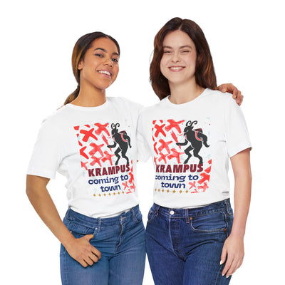 Two women in white t-shirts with a Krampus graphic and text.