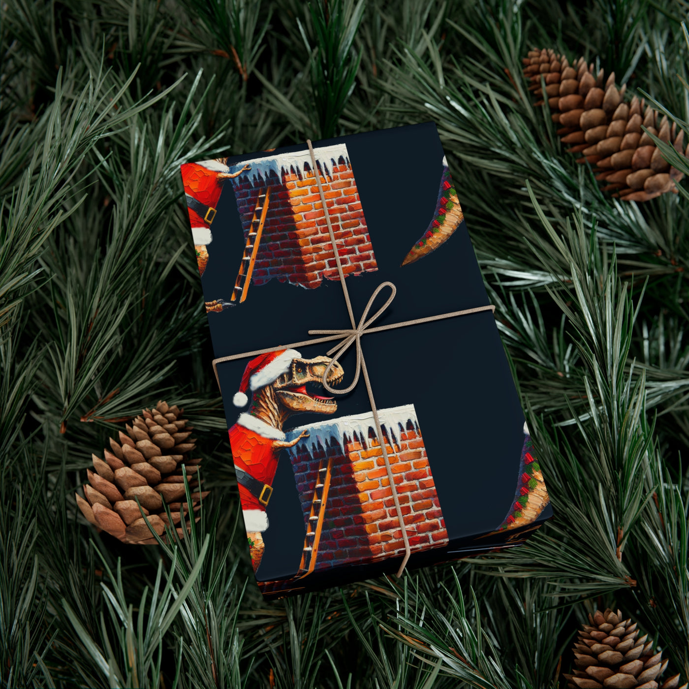 Dinosaur gift wrap with a T-Rex in a Santa hat on a brick chimney, surrounded by pine needles and pinecones.