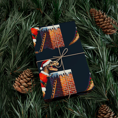 Dinosaur gift wrap with a T-Rex in a Santa hat on a brick chimney, surrounded by pine needles and pinecones.