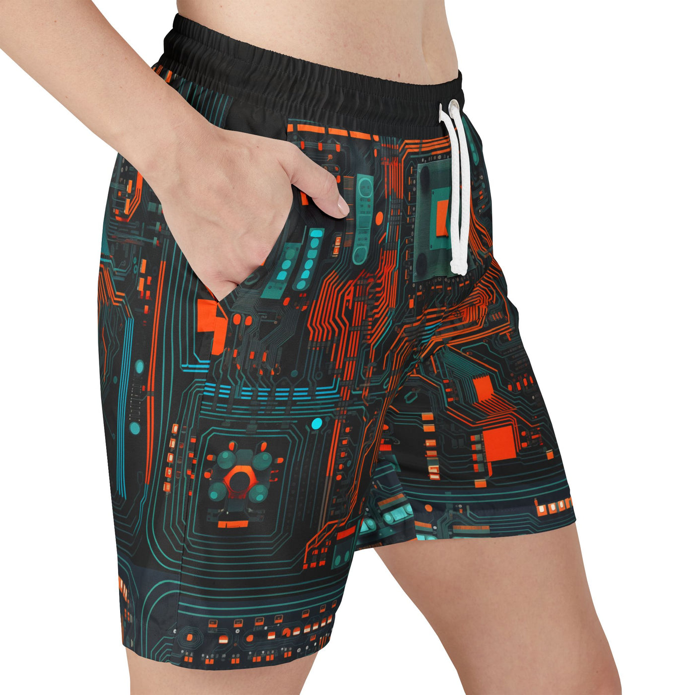 Swim Trunks: Futuristic Circuit Swim Shorts, Unisex Bathing Suit, Pool Party Gear, Summer Swimwear, Tech-Inspired Beach Shorts
