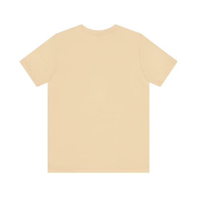 A plain beige t-shirt with short sleeves and a crew neck.