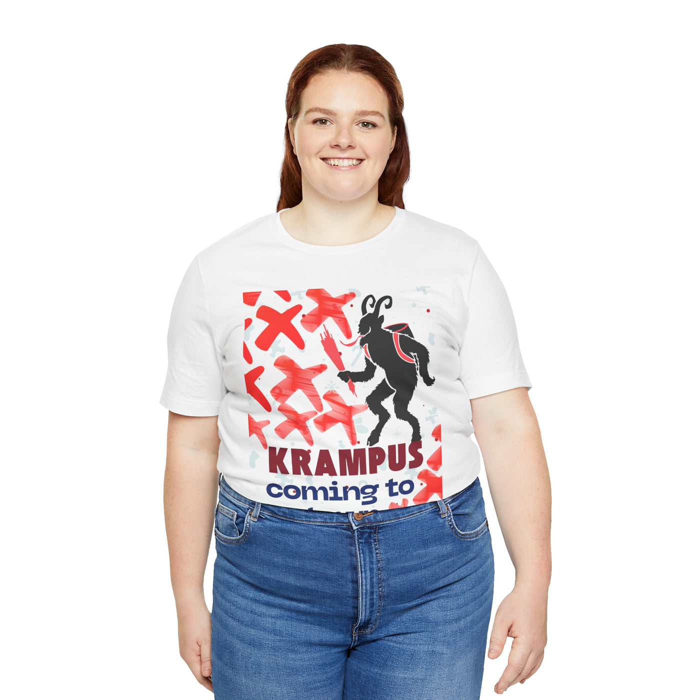 A white t-shirt with a Krampus graphic and text.