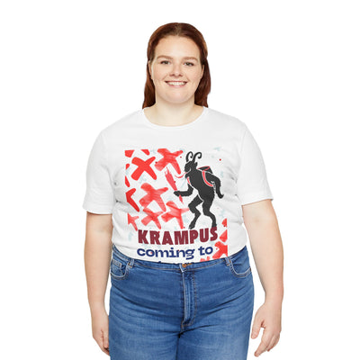 A white t-shirt with a Krampus graphic and text.