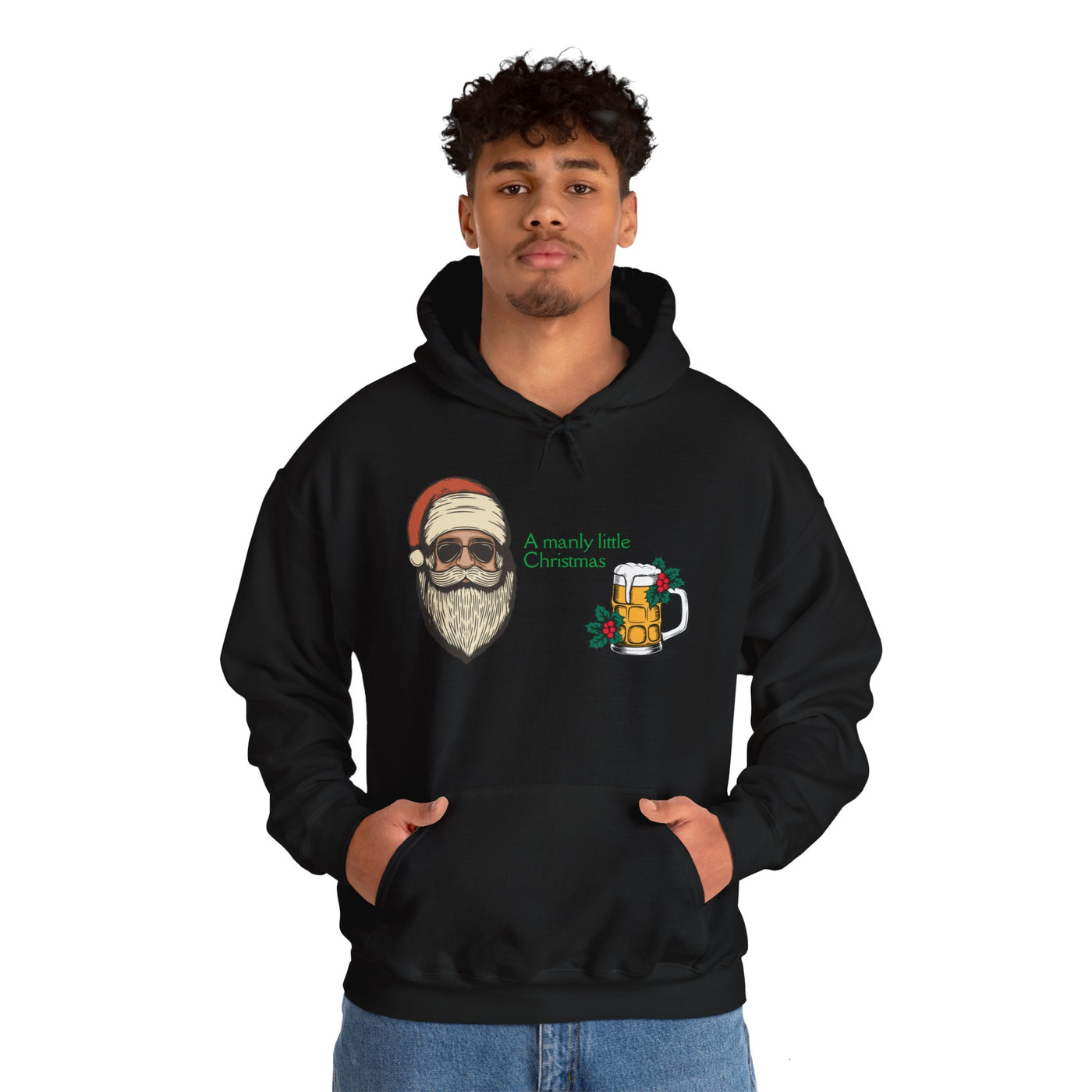 Black hoodie with a graphic of Santa, a beer mug, and text.