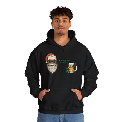 Black hoodie with a graphic of Santa, a beer mug, and text.