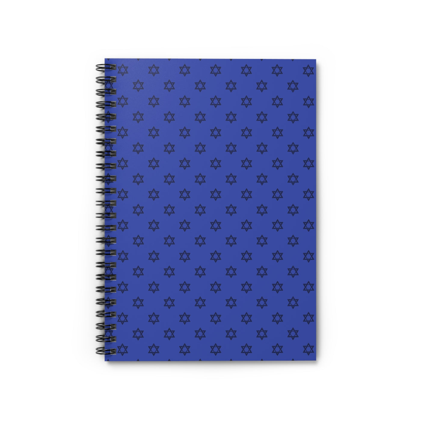 Blue spiral notebook with a repeating star pattern.