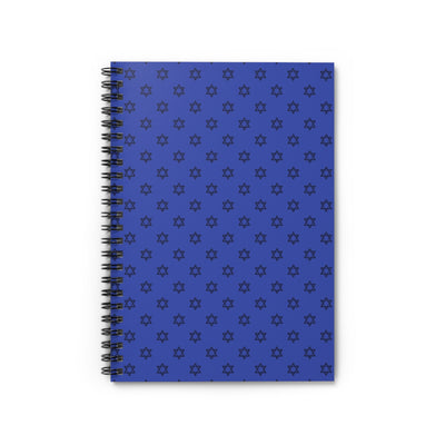 Blue spiral notebook with a repeating star pattern.