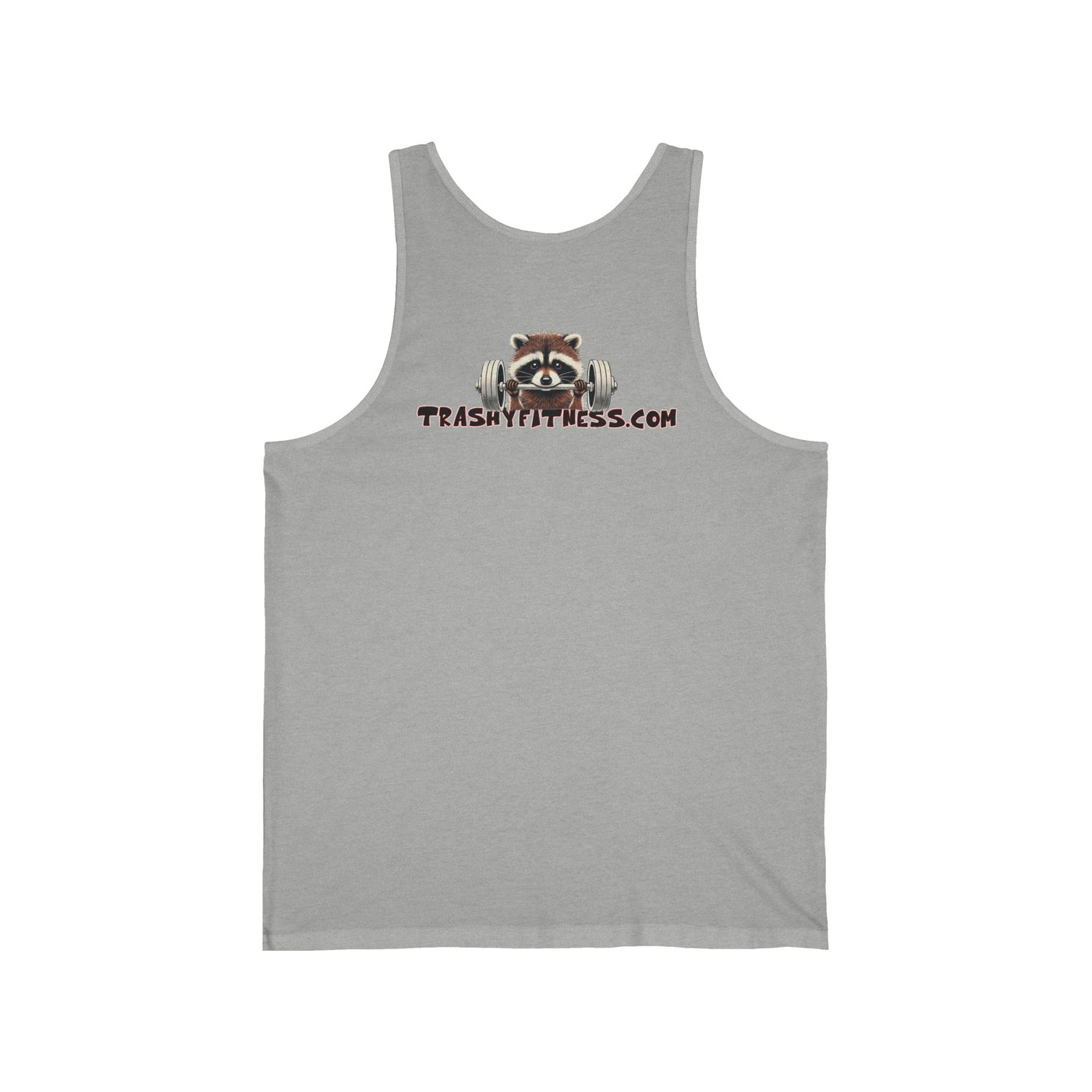 Unisex jersey tank top in soft gray featuring a humorous raccoon lifting weights with the text 'TrashyFitness.com.' Perfect for gym or casual wear.