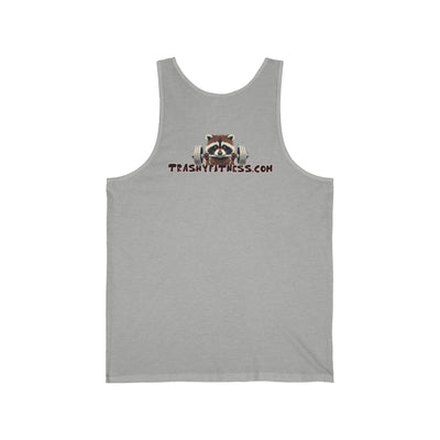 Unisex jersey tank top in soft gray featuring a humorous raccoon lifting weights with the text 'TrashyFitness.com.' Perfect for gym or casual wear.