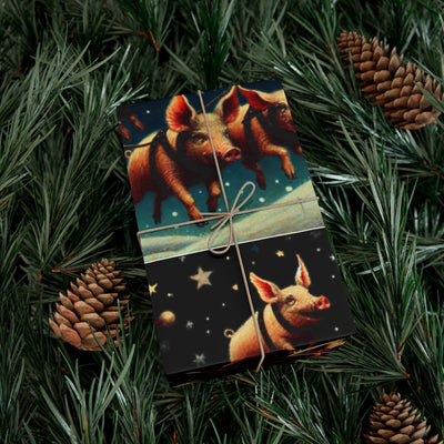 Wrapping paper with flying pigs and stars, tied with twine, on a pine branch background.