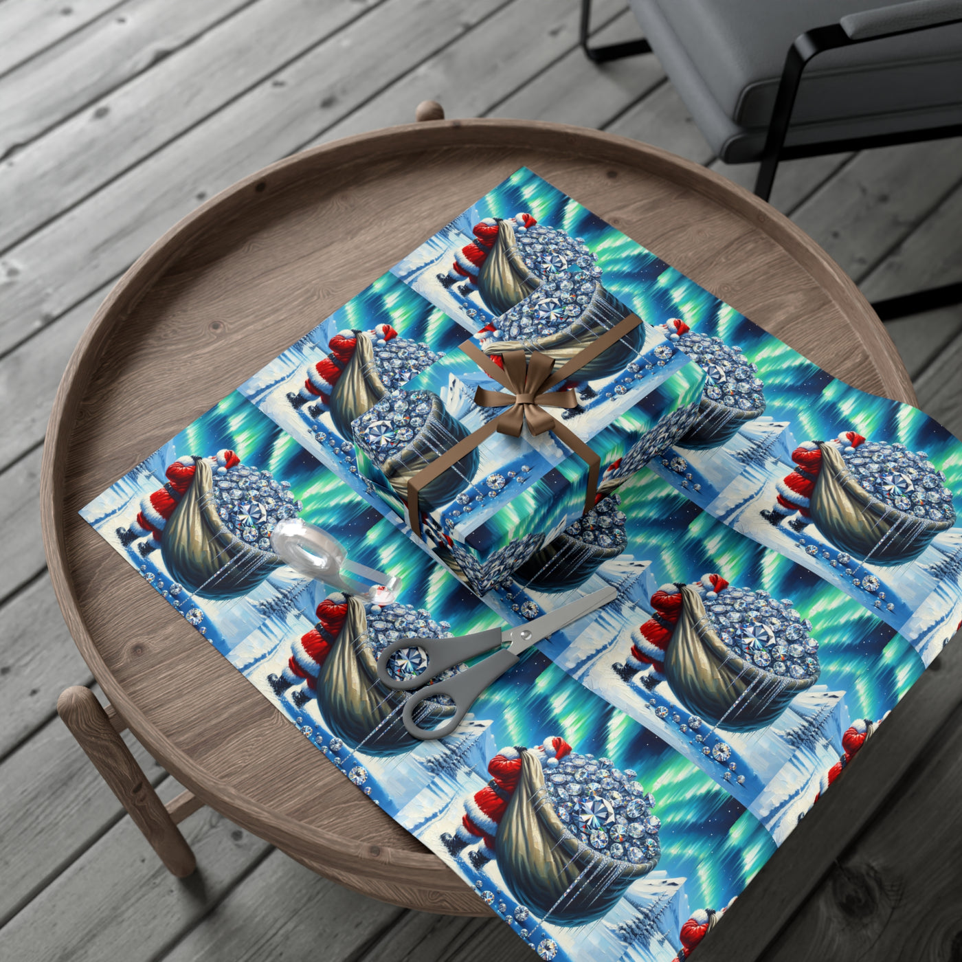 Wrapping paper with a Santa theme and a diamond-filled sack design.