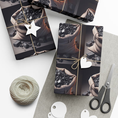 Gift wrap paper with a burlap sack of coal design.