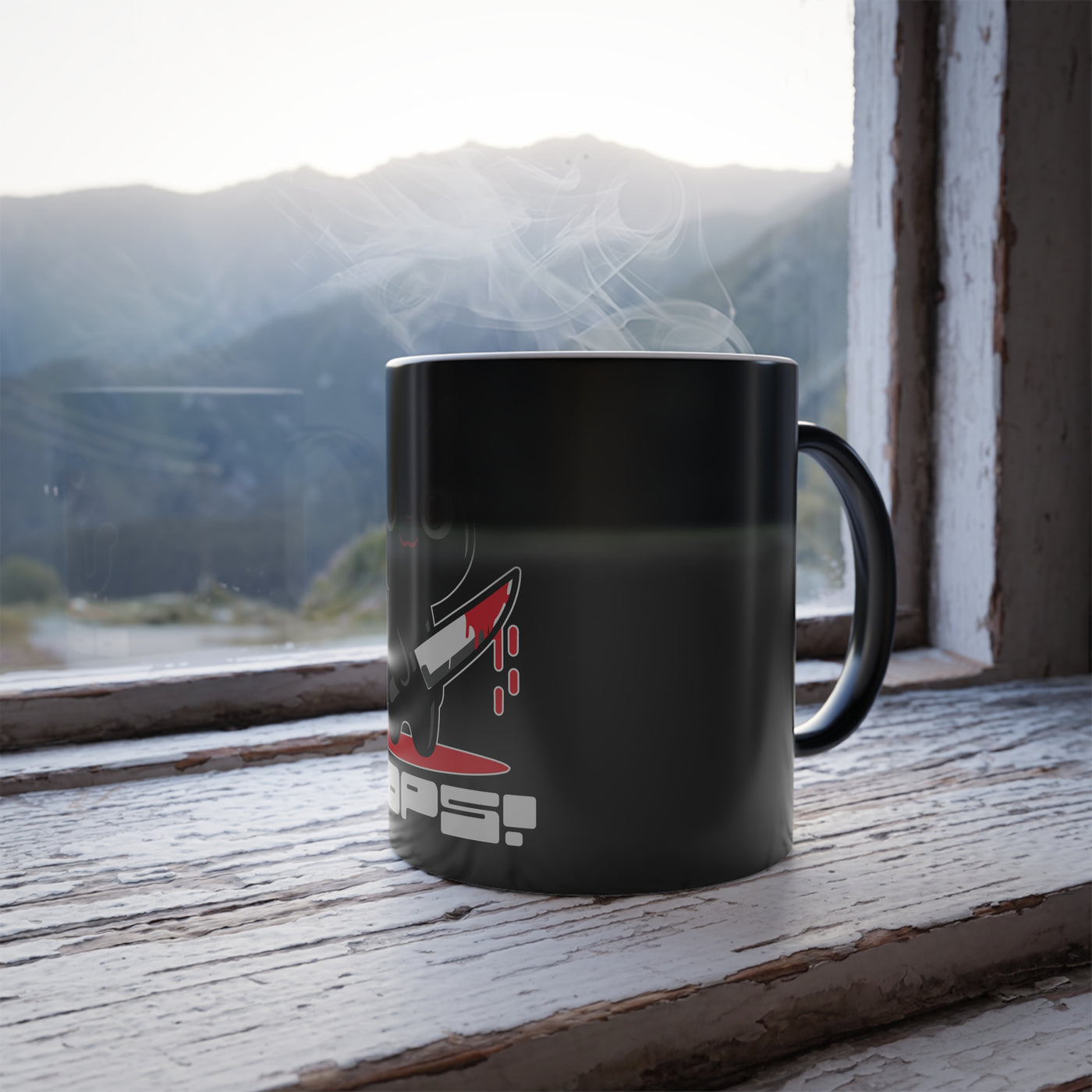 Mug: Murder Cat Mug, Fun Gift for Cat Lovers, Oops! Design, Heat Sensitive Coffee Mug, Playful Kitchen Decor