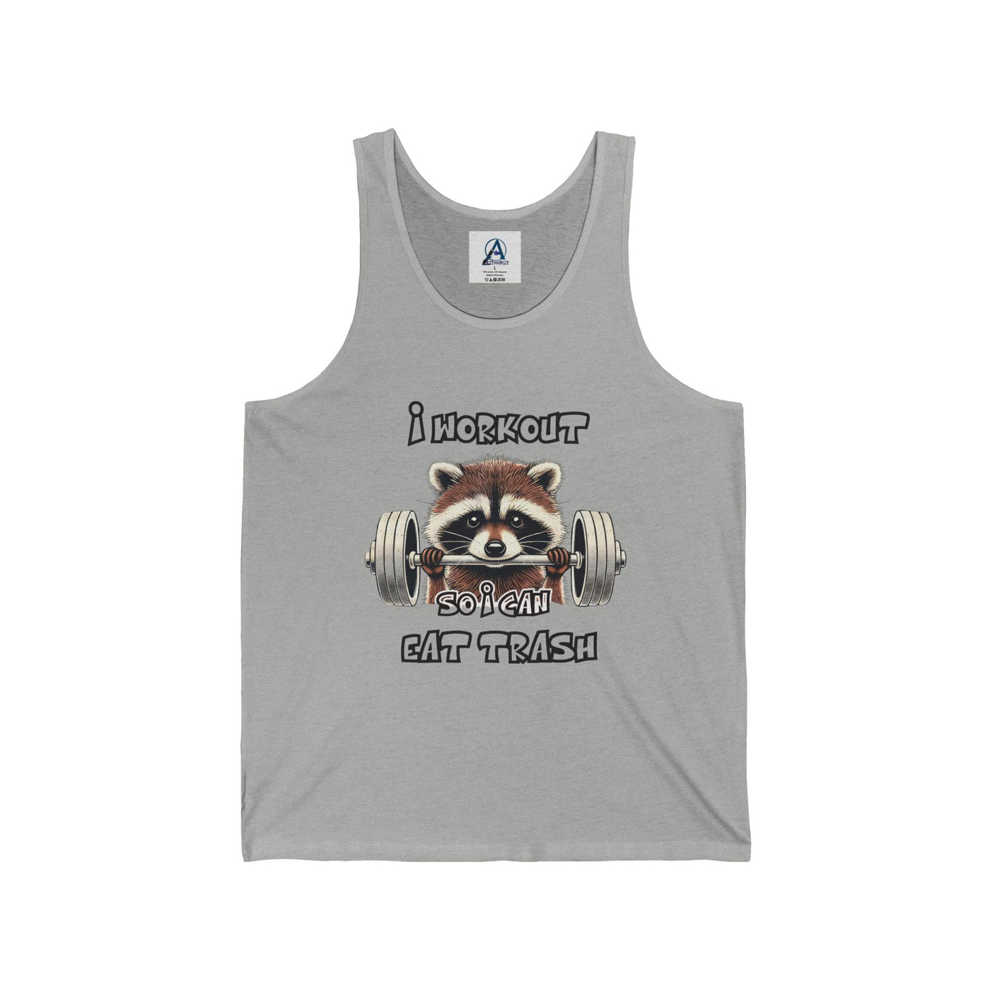 Funny raccoon workout tank top with 'I workout so I can eat trash' text, featuring a raccoon lifting weights. Unisex jersey tank in soft cotton, perfect for gym or casual wear.