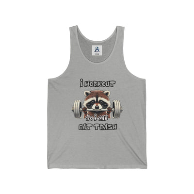 Funny raccoon workout tank top with 'I workout so I can eat trash' text, featuring a raccoon lifting weights. Unisex jersey tank in soft cotton, perfect for gym or casual wear.