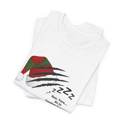 White unisex t-shirt with a Nightmare on Elm Street holiday graphic.
