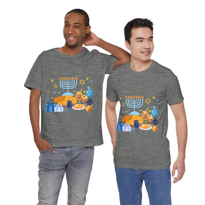 Men wearing grey t-shirts with a Hanukkah graphic.
