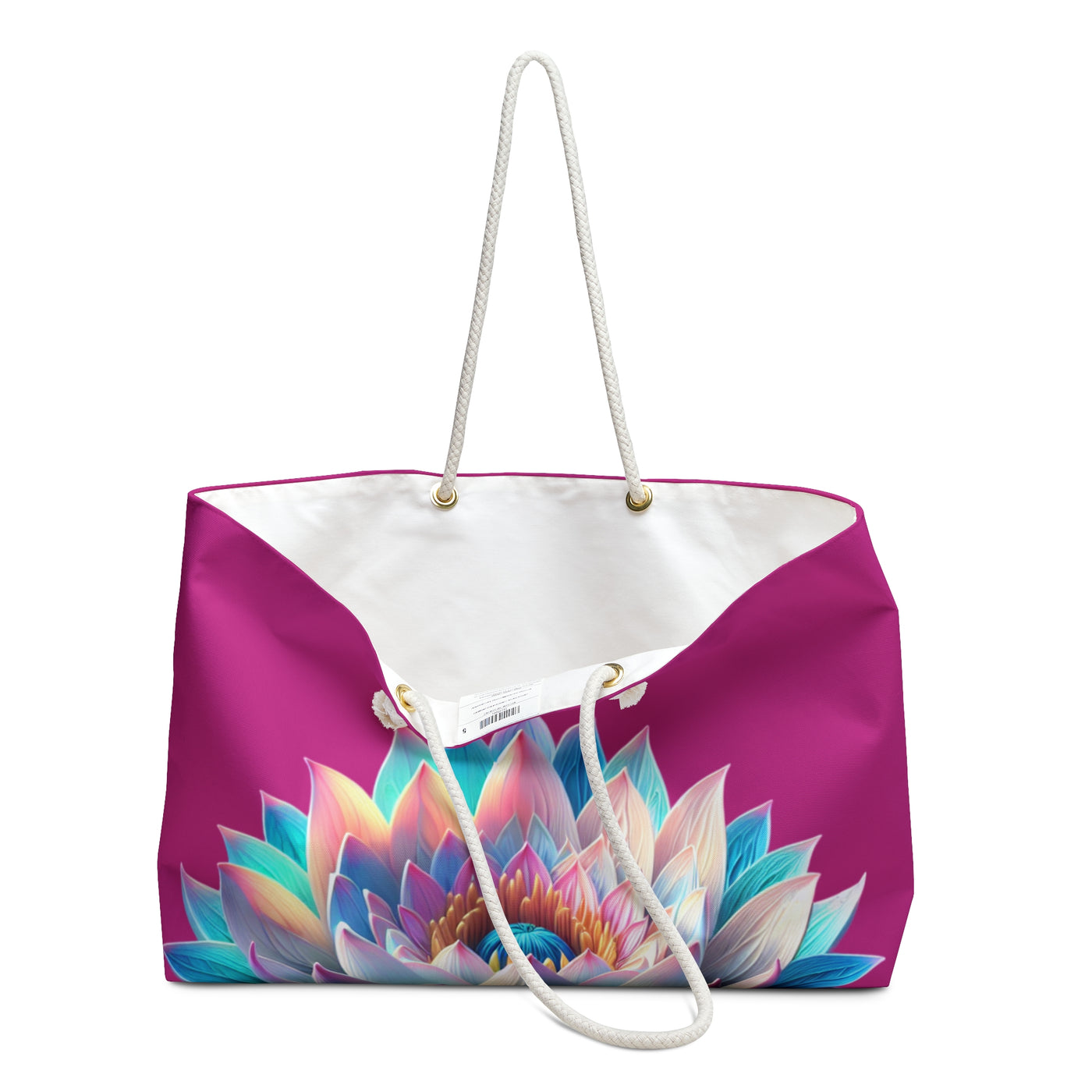 Tote Bag: Lotus Reflection Asymmetric Weekender Bag in Fuscia
