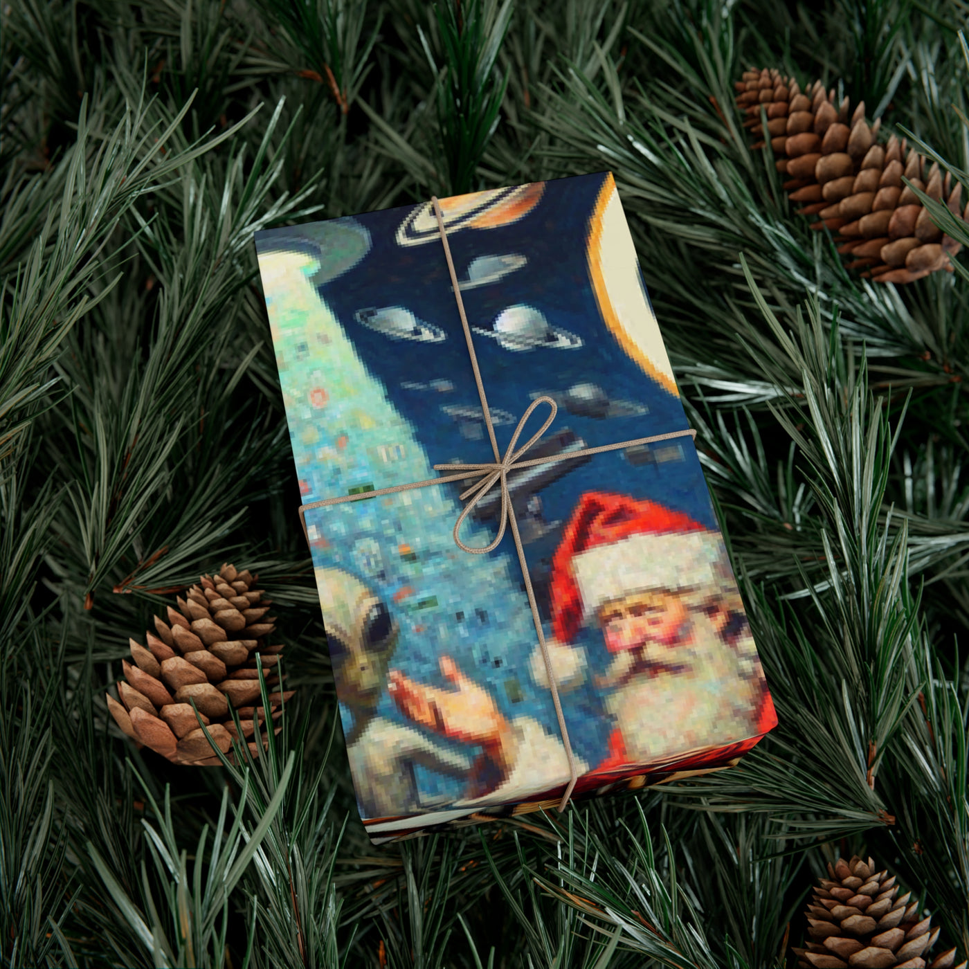 Vintage alien and Santa Claus themed wrapping paper on a pine branch background.