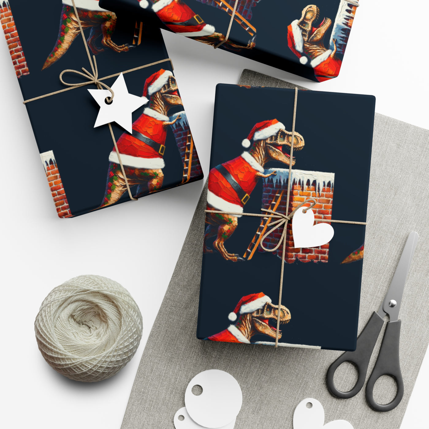 Gift wrap with a T-Rex in a Santa hat climbing a chimney.